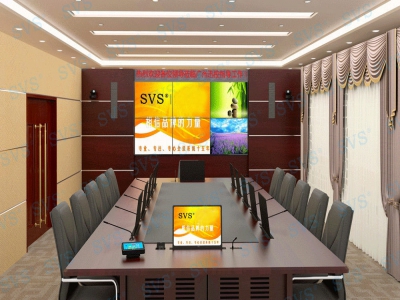 方形會議室效果圖（帶顯示屏隱藏系統設備）
